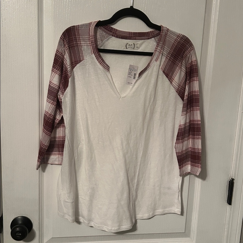 White Raglan Shirt with Red Plaid Sleeves
